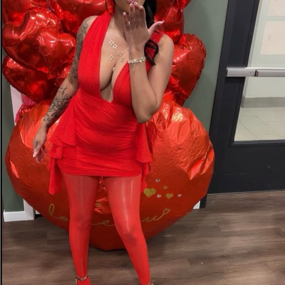 Fashion Nova Red Plunge Ruched Mini Dress